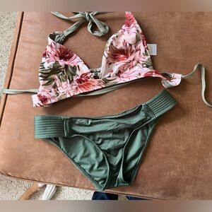 Floral and Green Bikini Set